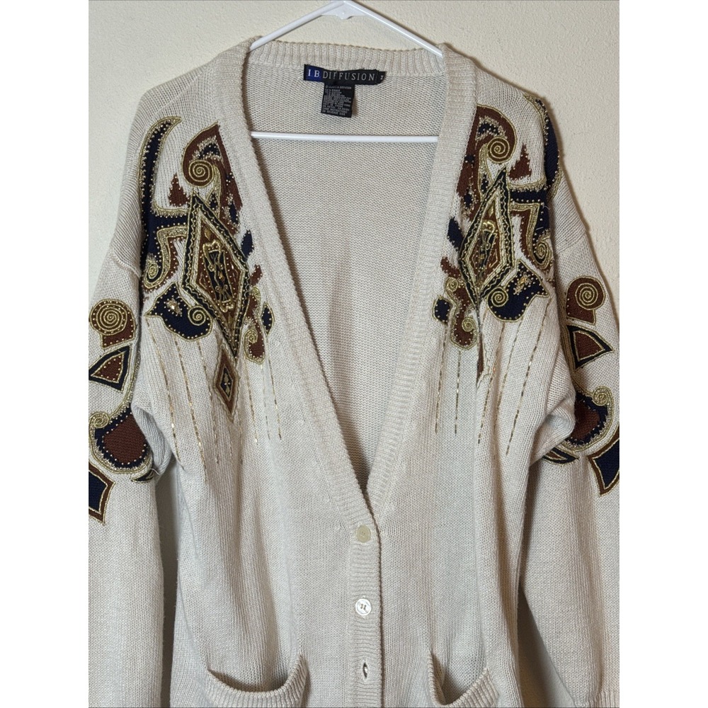 Vintage I.B. Diffusion Beige Cardigan Sweater Embroidered Paisley Women's M